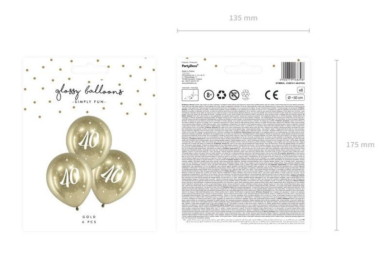 Balony Glossy 30cm "40" złoty 6szt CHB14-1-40-019-6 PartyDeco